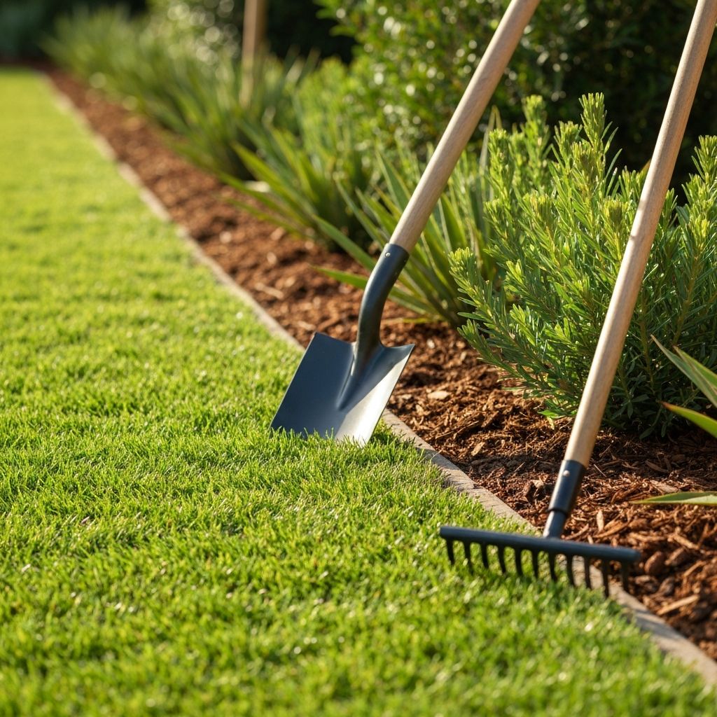 Landscaping tools resting on a freshly edged garden bed with native plants