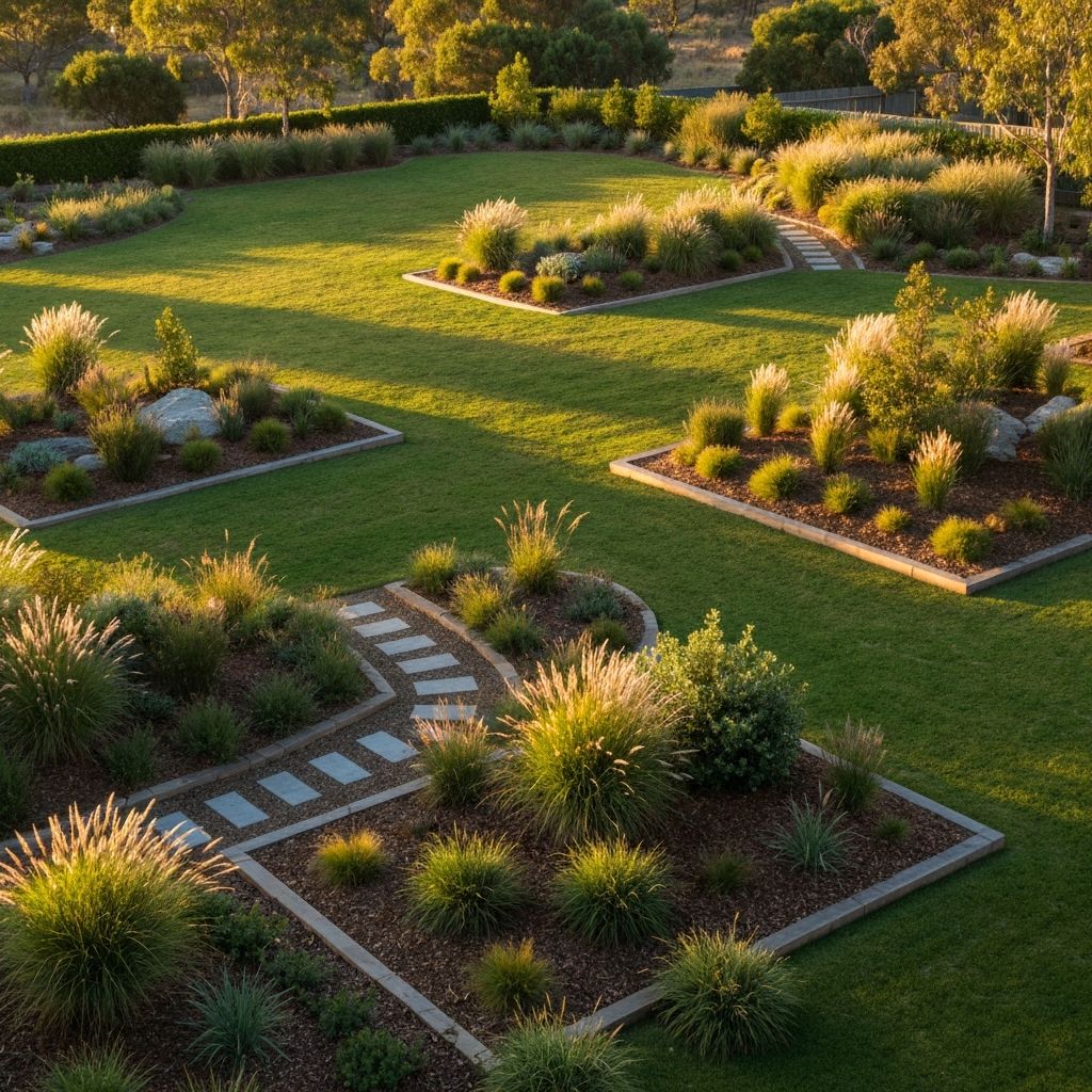 Beautifully landscaped Australian garden with lush lawn and native plantings